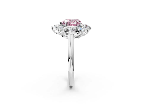 White gold Fancy Pink Heart Cut Diamond Cluster Ring with Round and Baguette Stones, Split Shank Band, Prong Setting_2
