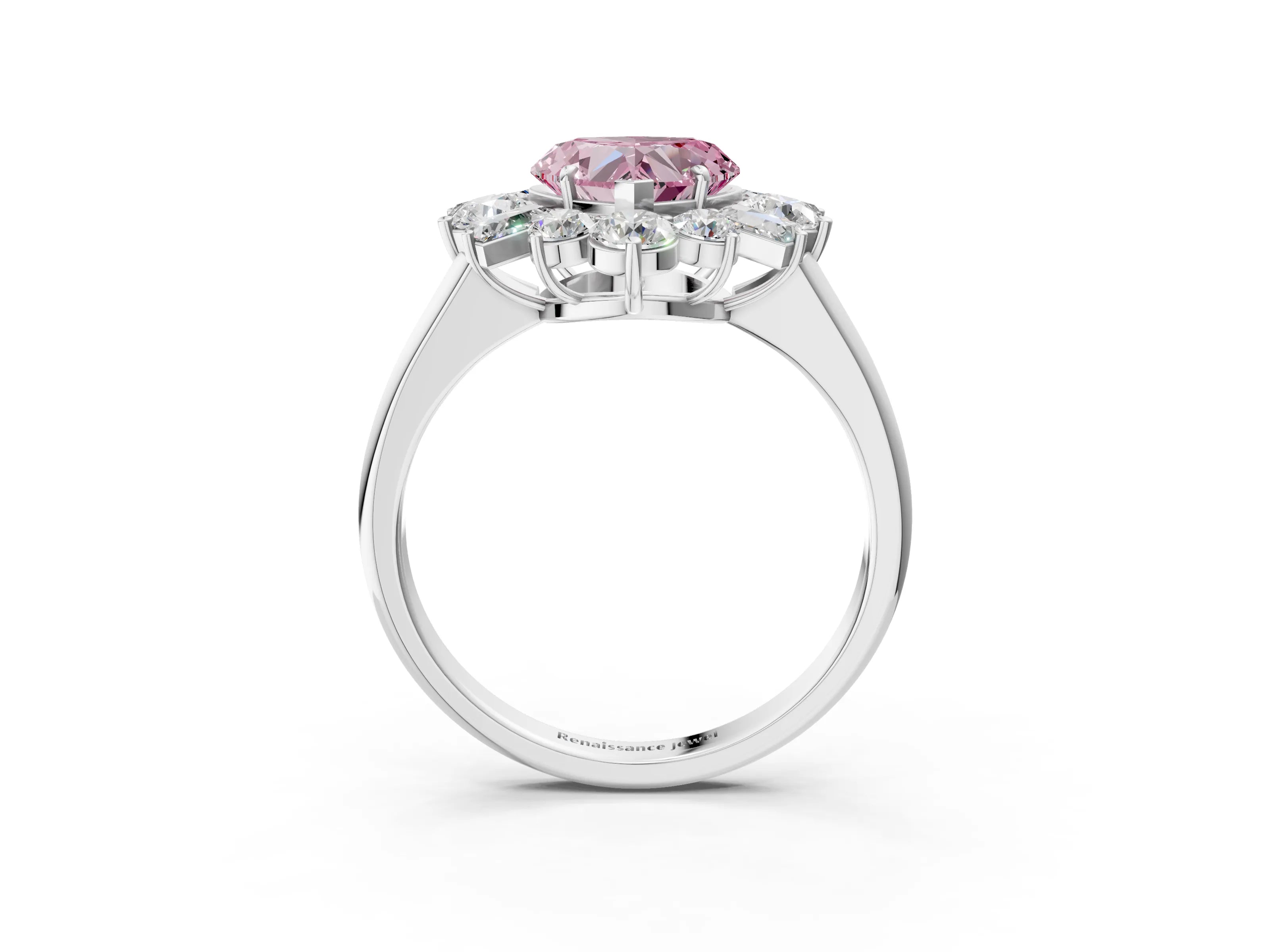 White gold Fancy Pink Heart Cut Diamond Cluster Ring with Round and Baguette Stones, Split Shank Band, Prong Setting_3