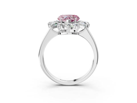 White gold Fancy Pink Heart Cut Diamond Cluster Ring with Round and Baguette Stones, Split Shank Band, Prong Setting_3