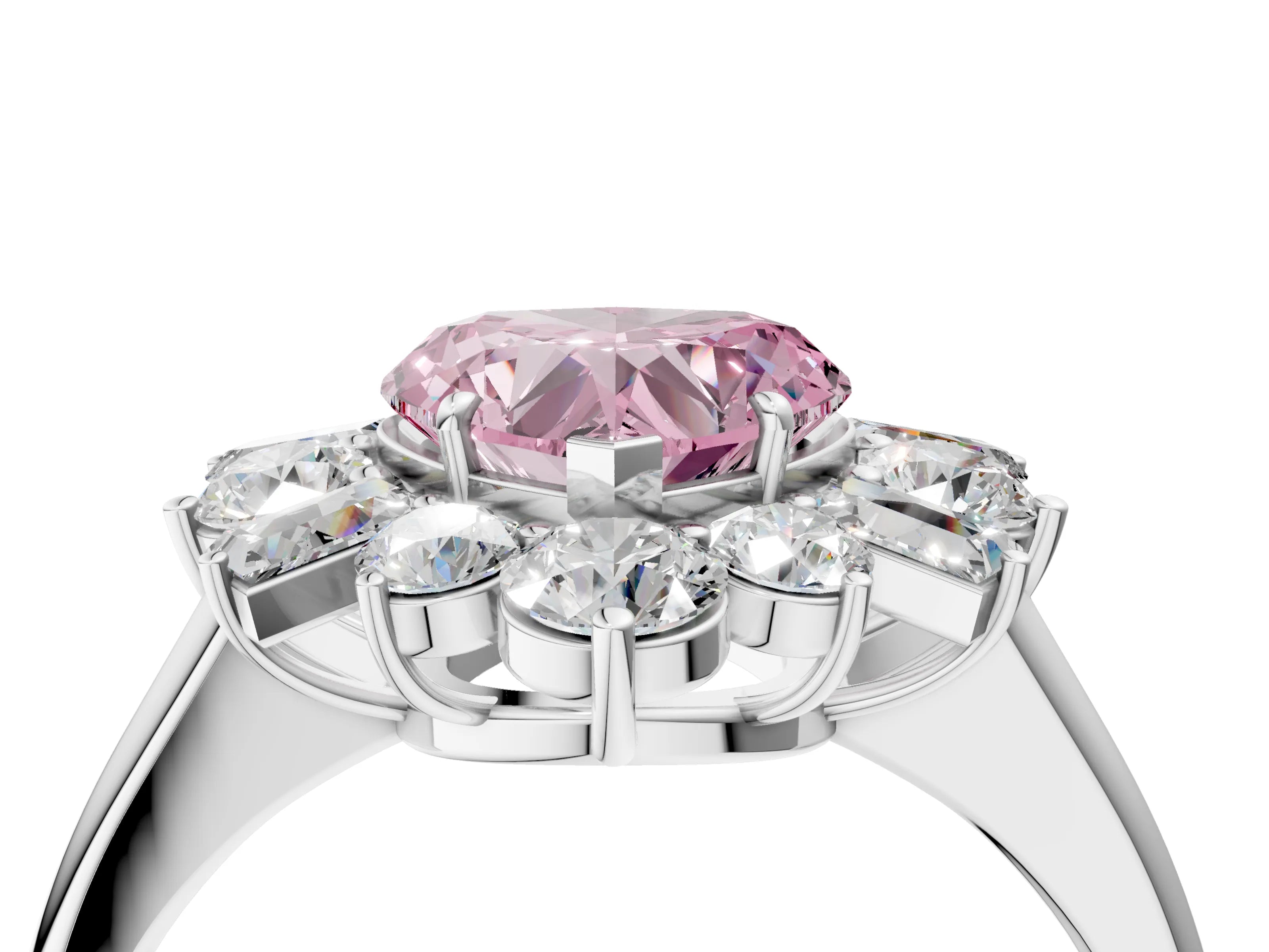 White gold Fancy Pink Heart Cut Diamond Cluster Ring with Round and Baguette Stones, Split Shank Band, Prong Setting_4