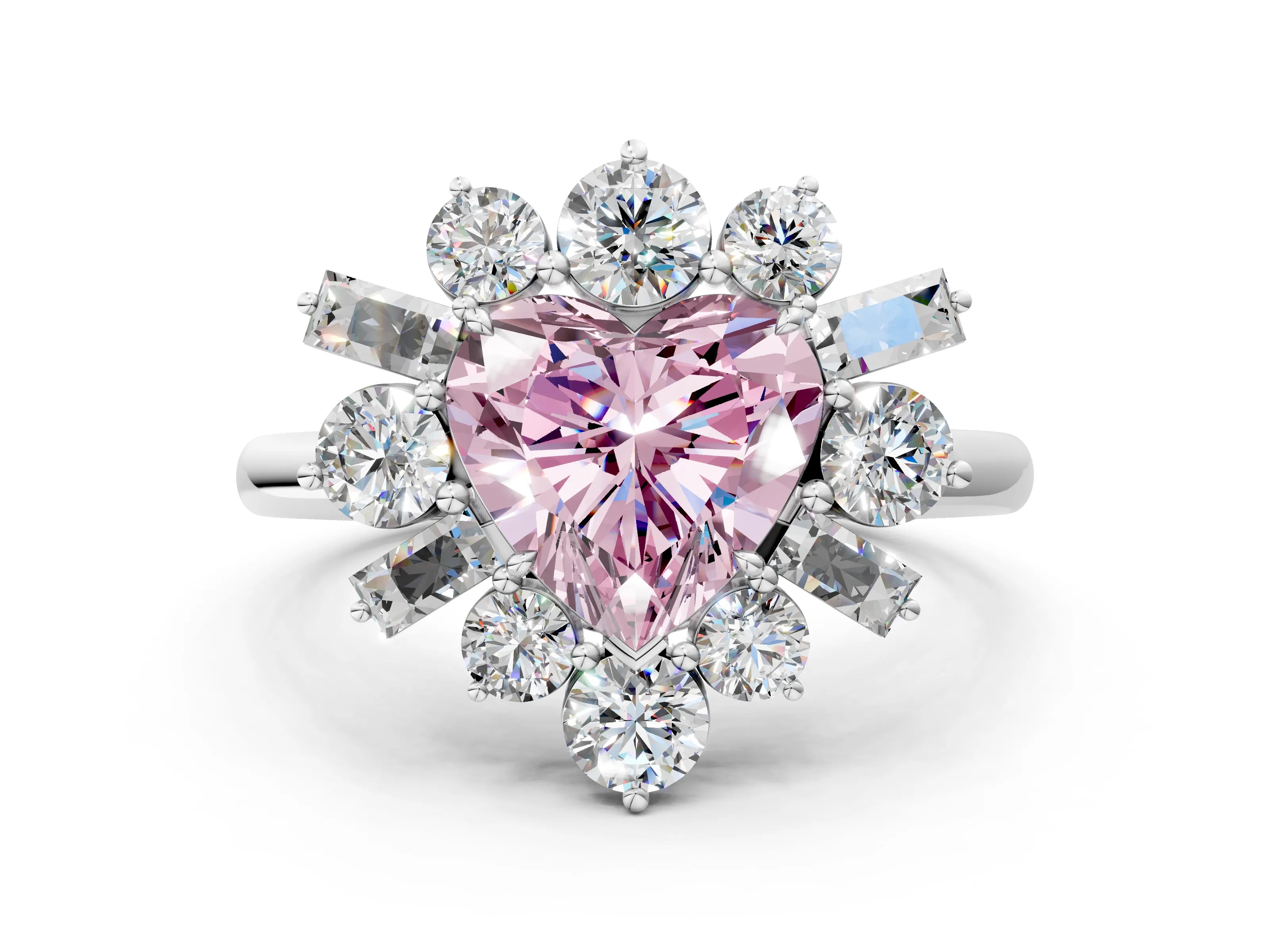 White gold Fancy Pink Heart Cut Diamond Cluster Ring with Round and Baguette Stones, Split Shank Band, Prong Setting