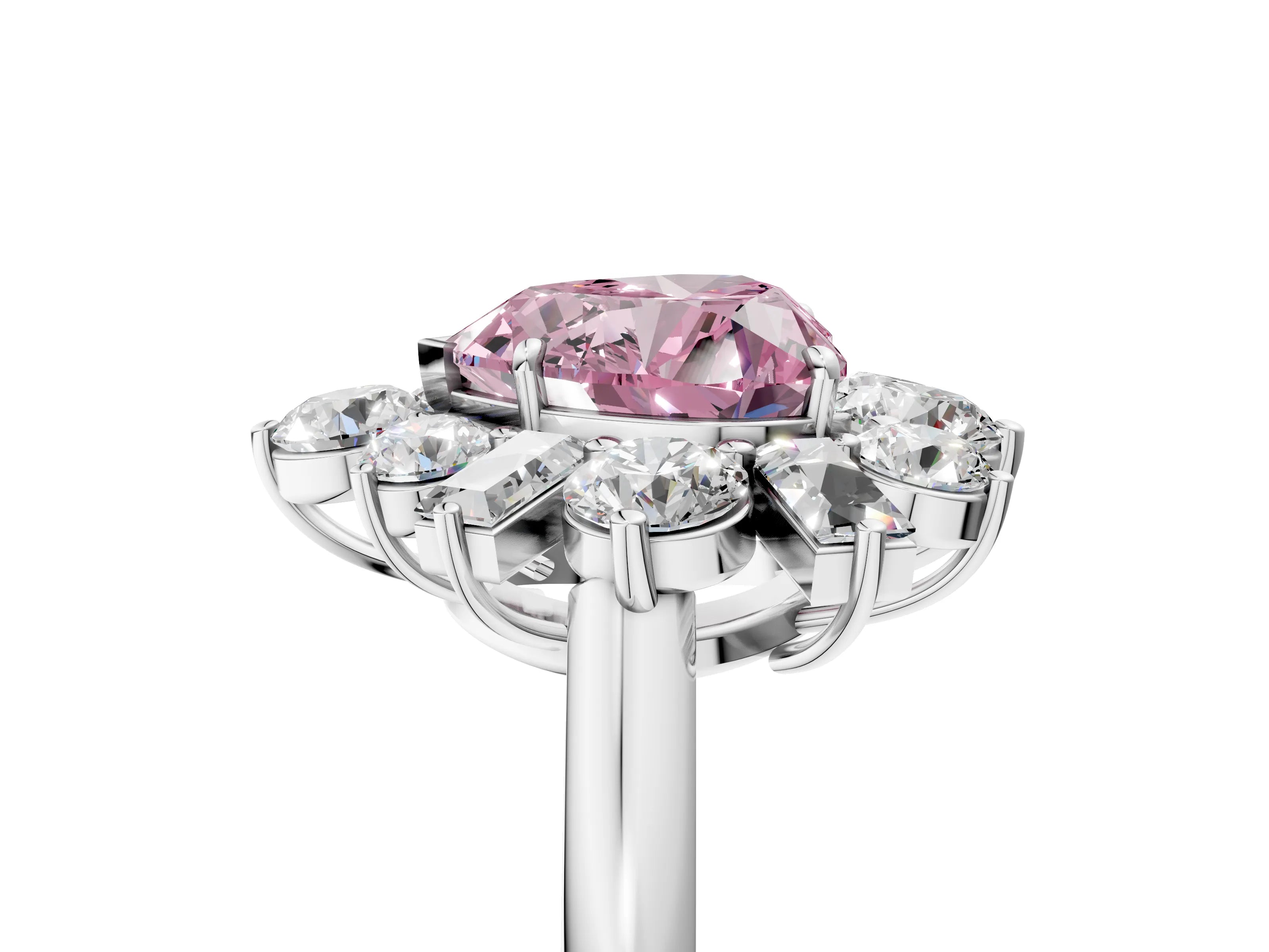 White gold Fancy Pink Heart Cut Diamond Cluster Ring with Round and Baguette Stones, Split Shank Band, Prong Setting_5