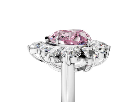 White gold Fancy Pink Heart Cut Diamond Cluster Ring with Round and Baguette Stones, Split Shank Band, Prong Setting_5