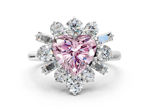 White gold Fancy Pink Heart Cut Diamond Cluster Ring with Round and Baguette Stones, Split Shank Band, Prong Setting