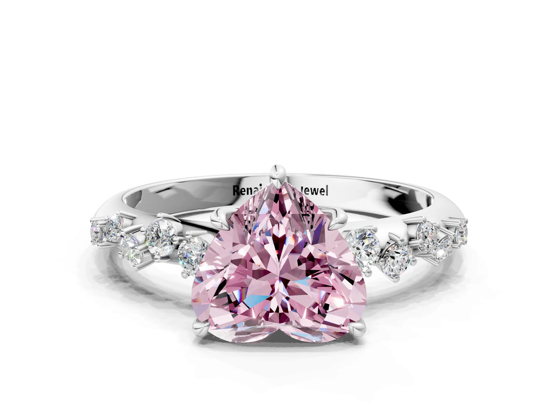 White gold Fancy Pink Heart Cut Diamond Cluster Side Stone Solitaire Ring with Prong Setting_136