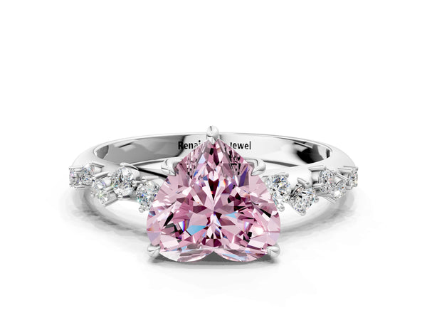 Platinum Fancy Pink Heart Cut Diamond Cluster Side Stone Solitaire Ring with Prong Setting