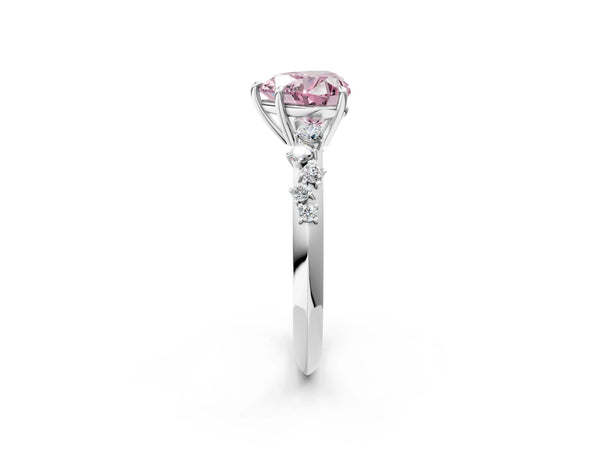 Platinum Fancy Pink Heart Cut Diamond Cluster Side Stone Solitaire Ring with Prong Setting