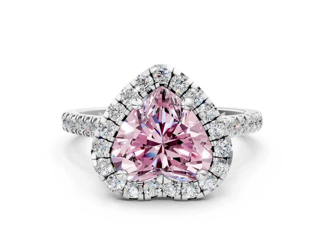 White gold Fancy Pink Heart Cut Diamond Cushion Halo Ring with Pavé Band