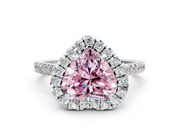 White gold Fancy Pink Heart Cut Diamond Cushion Halo Ring with Pavé Band