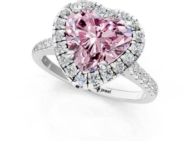 White gold Fancy Pink Heart Cut Diamond Cushion Halo Ring with Pavé Band