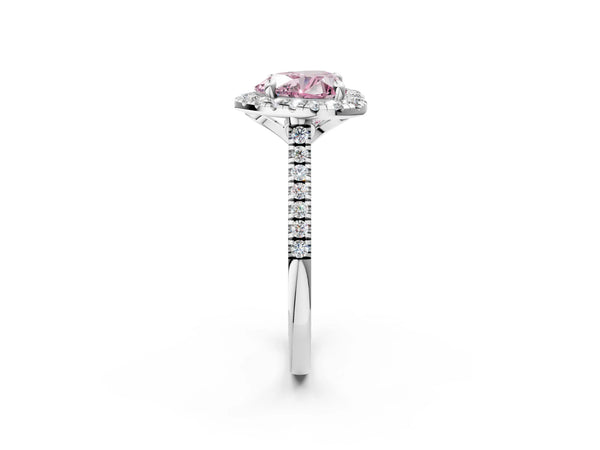 White gold Fancy Pink Heart Cut Diamond Cushion Halo Ring with Pavé Band