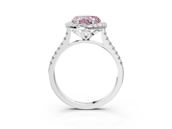 White gold Fancy Pink Heart Cut Diamond Cushion Halo Ring with Pavé Band