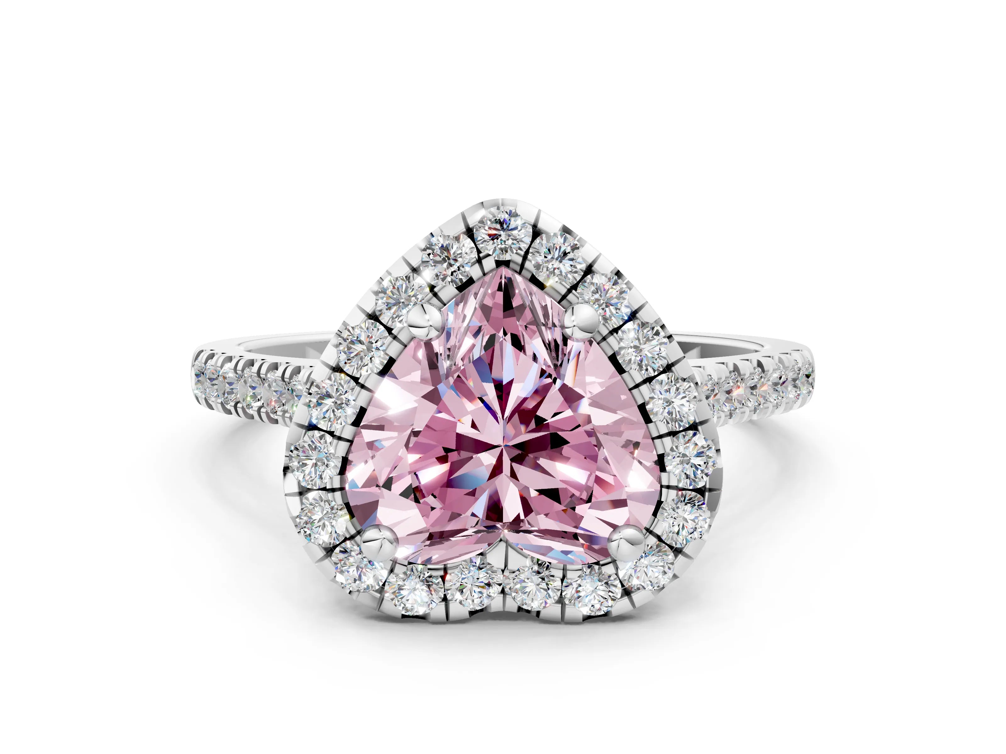 White gold Fancy Pink Heart Cut Diamond Cushion Halo Ring with Pavé Band