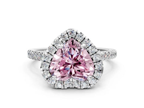 White gold Fancy Pink Heart Cut Diamond Cushion Halo Ring with Pavé Band