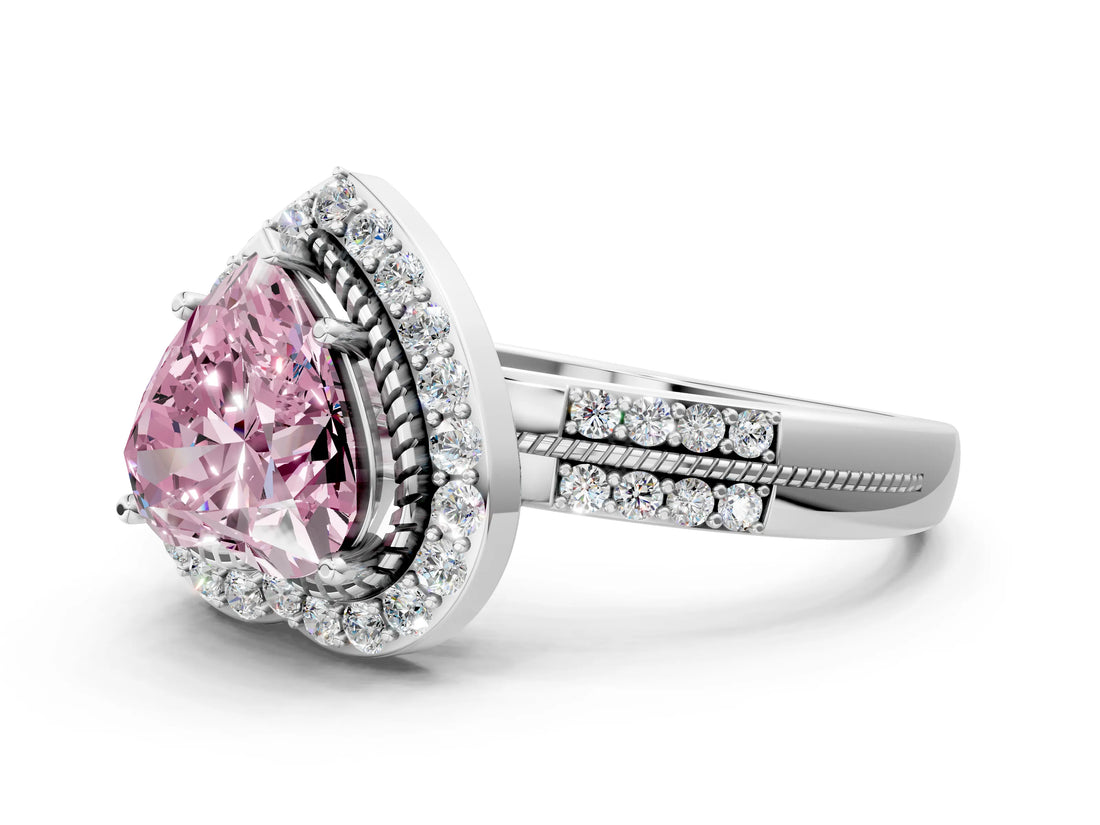 White gold Fancy Pink Heart Cut Diamond Double Halo Ring with Split Shank and Four-Prong Setting