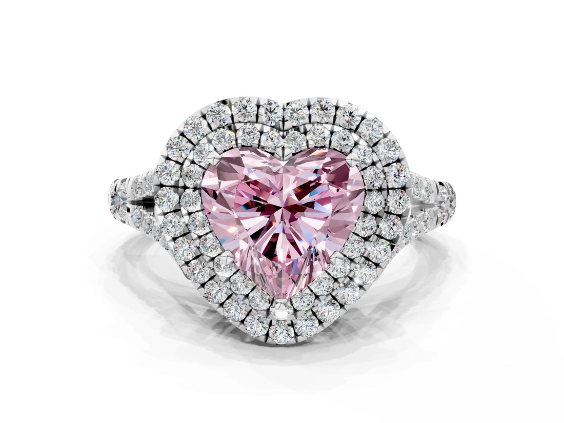 White gold Fancy Pink Heart Cut Diamond Double Halo Ring with Split Shank and Prong Setting_27