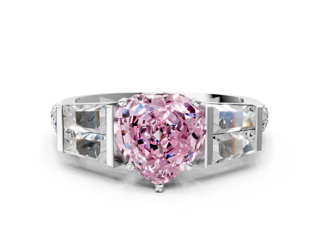 White gold Fancy Pink Heart Cut Diamond Engagement Ring with Baguette Side Stones and Channel Set Band_32