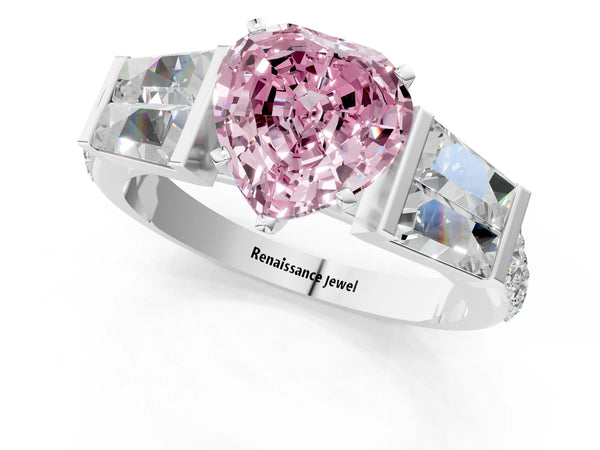 Platinum Fancy Pink Heart Cut Diamond Engagement Ring with Baguette Side Stones and Channel Set Band