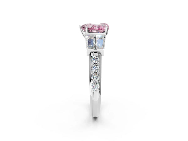 Platinum Fancy Pink Heart Cut Diamond Engagement Ring with Baguette Side Stones and Channel Set Band