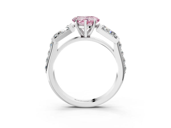 Platinum Fancy Pink Heart Cut Diamond Engagement Ring with Baguette Side Stones and Channel Set Band