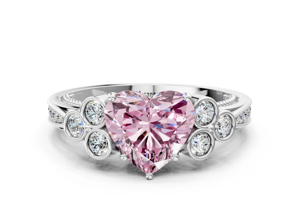 White gold Fancy Pink Heart  Cut Diamond Engagement Ring with Bezel Set Round Side Stones and Prong Setting