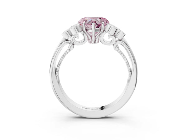 White gold Fancy Pink Heart  Cut Diamond Engagement Ring with Bezel Set Round Side Stones and Prong Setting