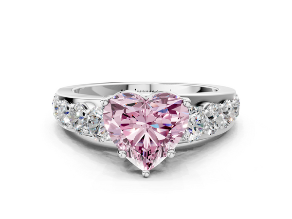 Platinum Fancy Pink Heart Cut Diamond Engagement Ring with Pavé Band and Four-Prong Setting