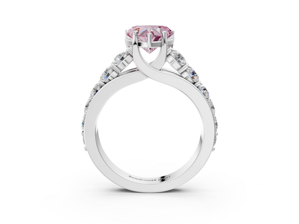 Platinum Fancy Pink Heart Cut Diamond Engagement Ring with Pavé Band and Four-Prong Setting