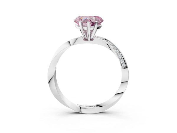 White gold Fancy Pink Heart Cut Diamond Engagement Ring with Side Stone Accents and Four-Prong Setting