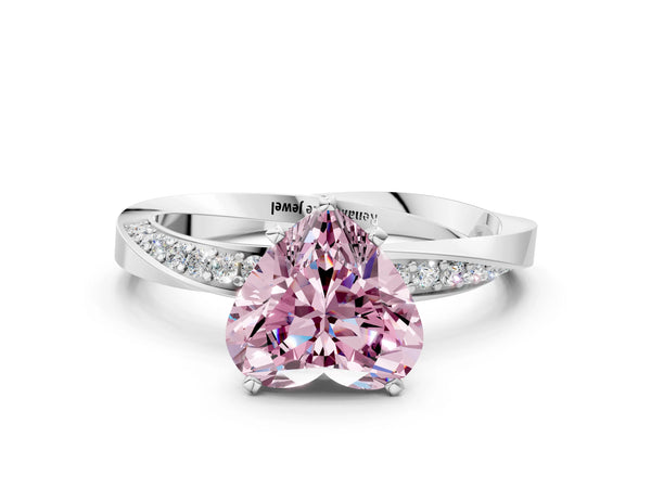 White gold Fancy Pink Heart Cut Diamond Engagement Ring with Side Stone Accents and Four-Prong Setting