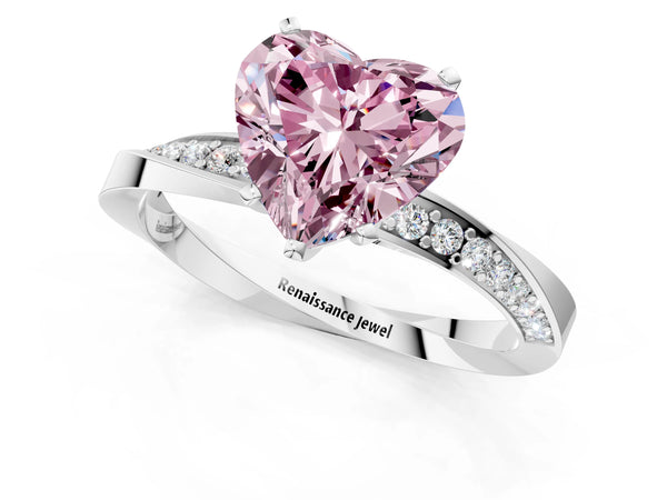 White gold Fancy Pink Heart Cut Diamond Engagement Ring with Side Stone Accents and Four-Prong Setting