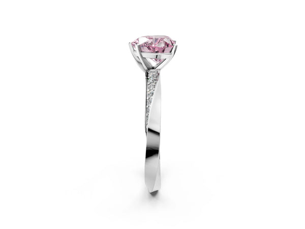 White gold Fancy Pink Heart Cut Diamond Engagement Ring with Side Stone Accents and Four-Prong Setting