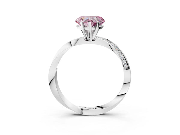 White gold Fancy Pink Heart Cut Diamond Engagement Ring with Side Stone Accents and Four-Prong Setting