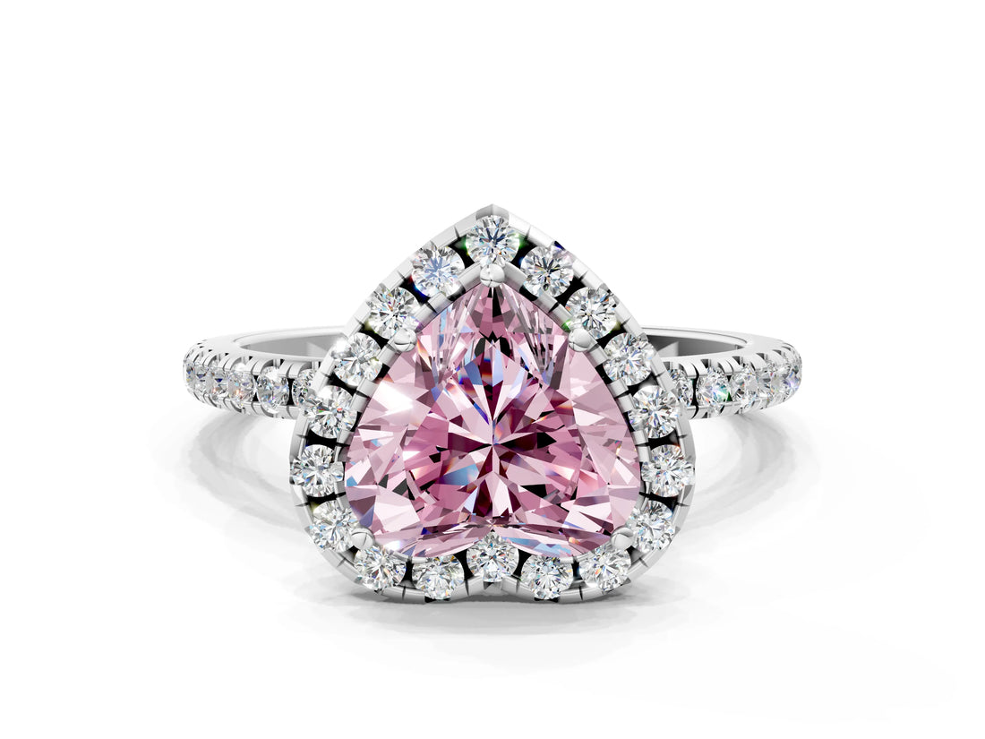 White gold Fancy Pink Heart  Cut Diamond Floral Halo Engagement Ring with Pavé Band and Prong Setting_49