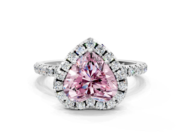 White gold Fancy Pink Heart  Cut Diamond Floral Halo Engagement Ring with Pavé Band and Prong Setting