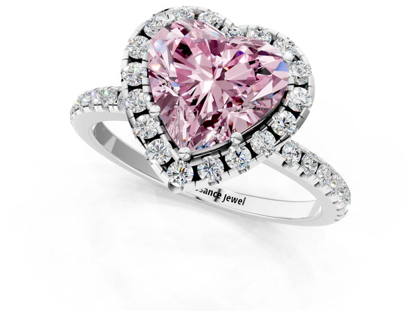 White gold Fancy Pink Heart  Cut Diamond Floral Halo Engagement Ring with Pavé Band and Prong Setting