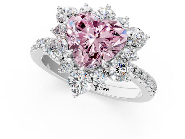 White gold Fancy Pink Heart  Cut Diamond Floral Halo Pave Band with Prong Setting