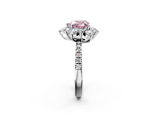 White gold Fancy Pink Heart  Cut Diamond Floral Halo Pave Band with Prong Setting