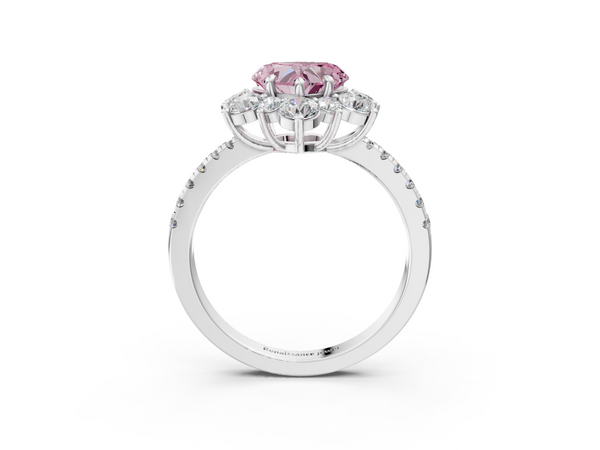 White gold Fancy Pink Heart  Cut Diamond Floral Halo Pave Band with Prong Setting