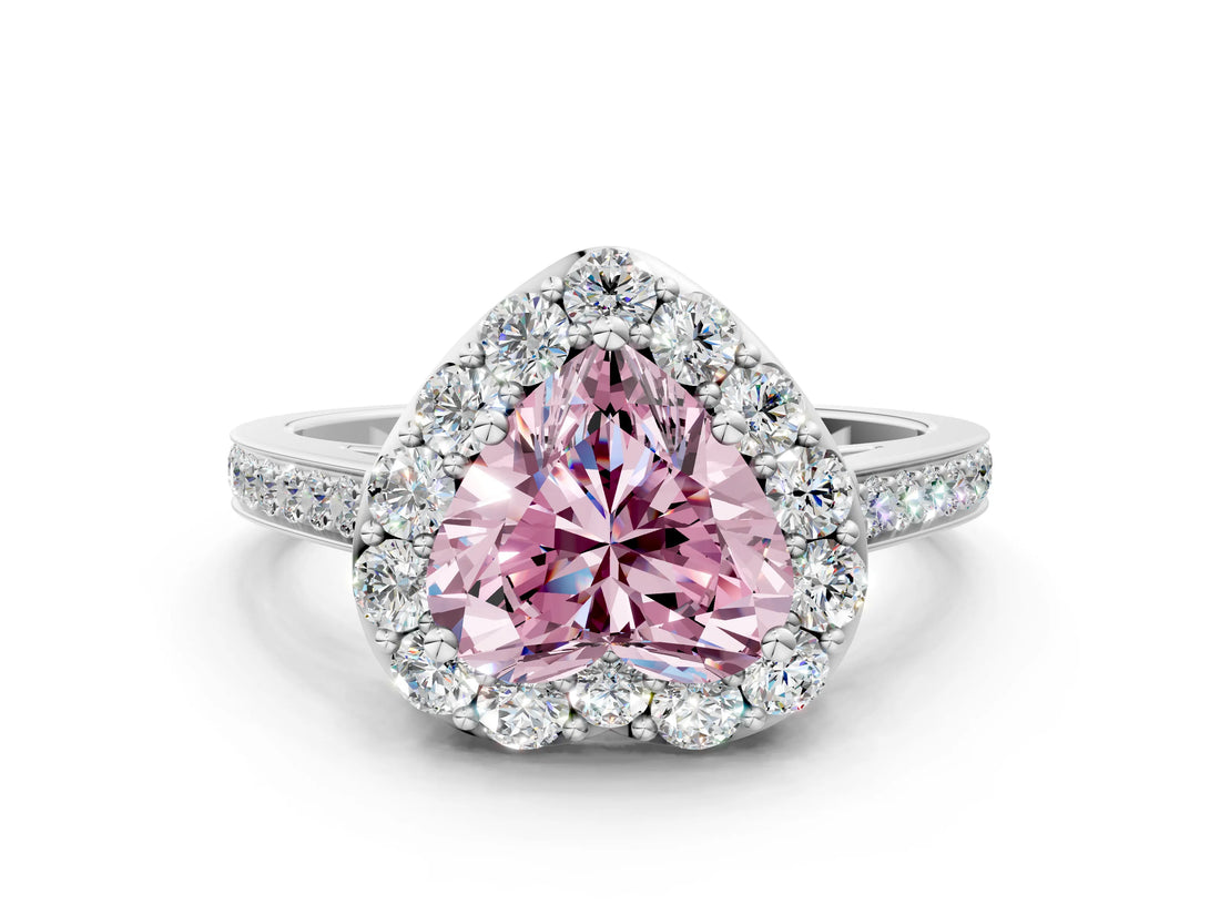 White gold Fancy Pink Heart Cut Diamond Floral Halo Ring with Pavé Band and Prong Setting_7