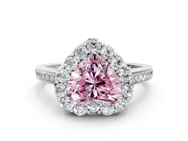 White gold Fancy Pink Heart Cut Diamond Floral Halo Ring with Pavé Band and Prong Setting