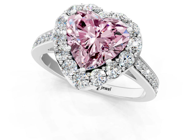 White gold Fancy Pink Heart Cut Diamond Floral Halo Ring with Pavé Band and Prong Setting