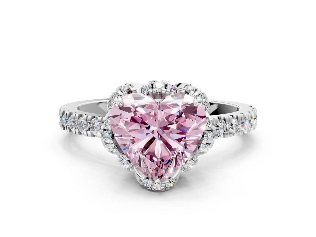 White gold Fancy Pink Heart Cut Diamond Halo Pave Band with Four-Prong Setting_3
