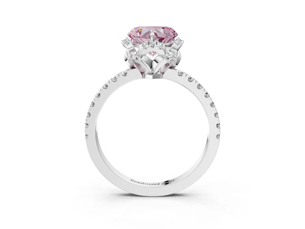 Platinum Fancy Pink Heart Cut Diamond Halo Pave Band with Four-Prong Setting