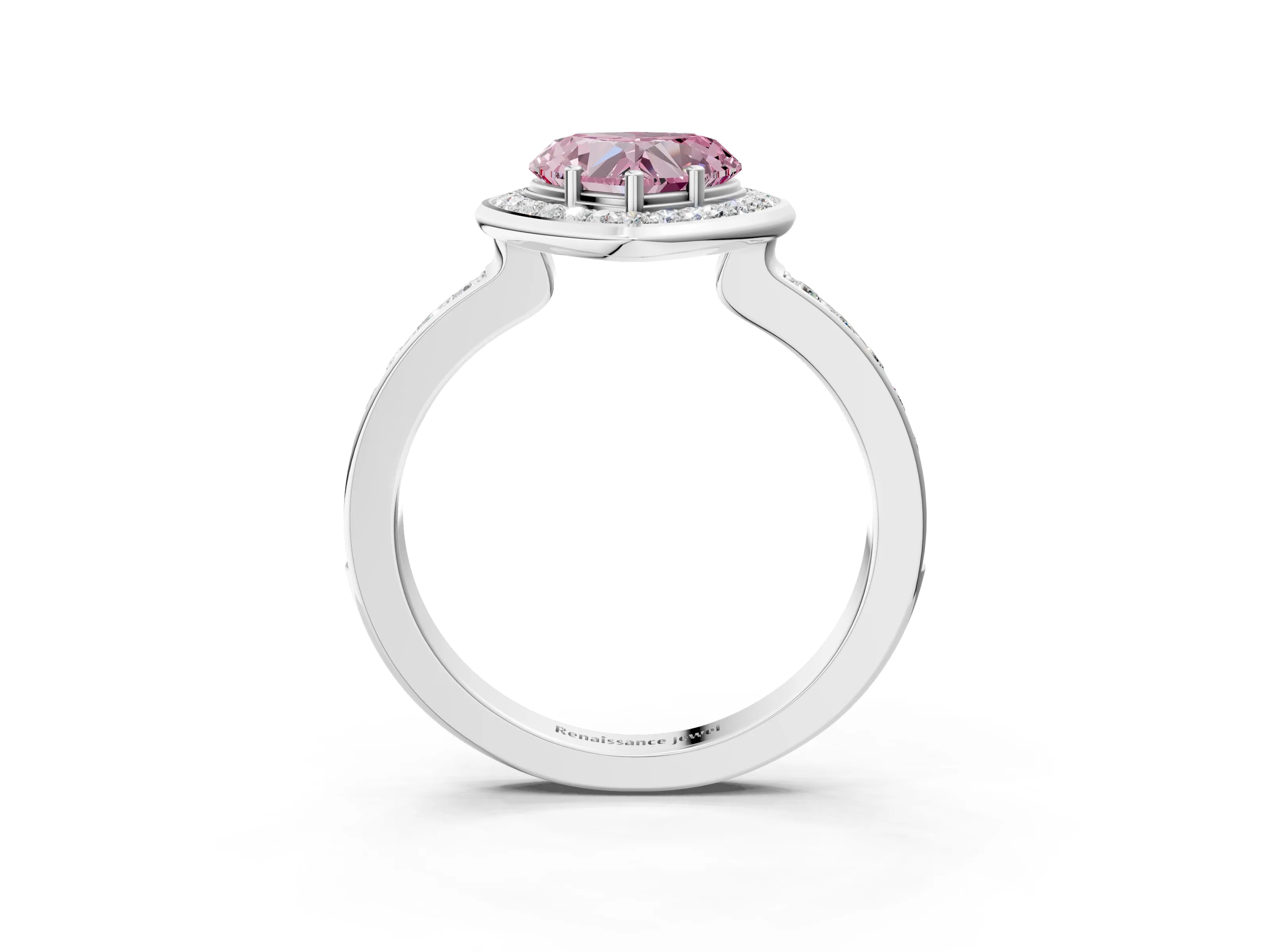 White gold Fancy Pink Heart Cut Diamond Halo Ring with Bezel Frame and Pavé Band_3