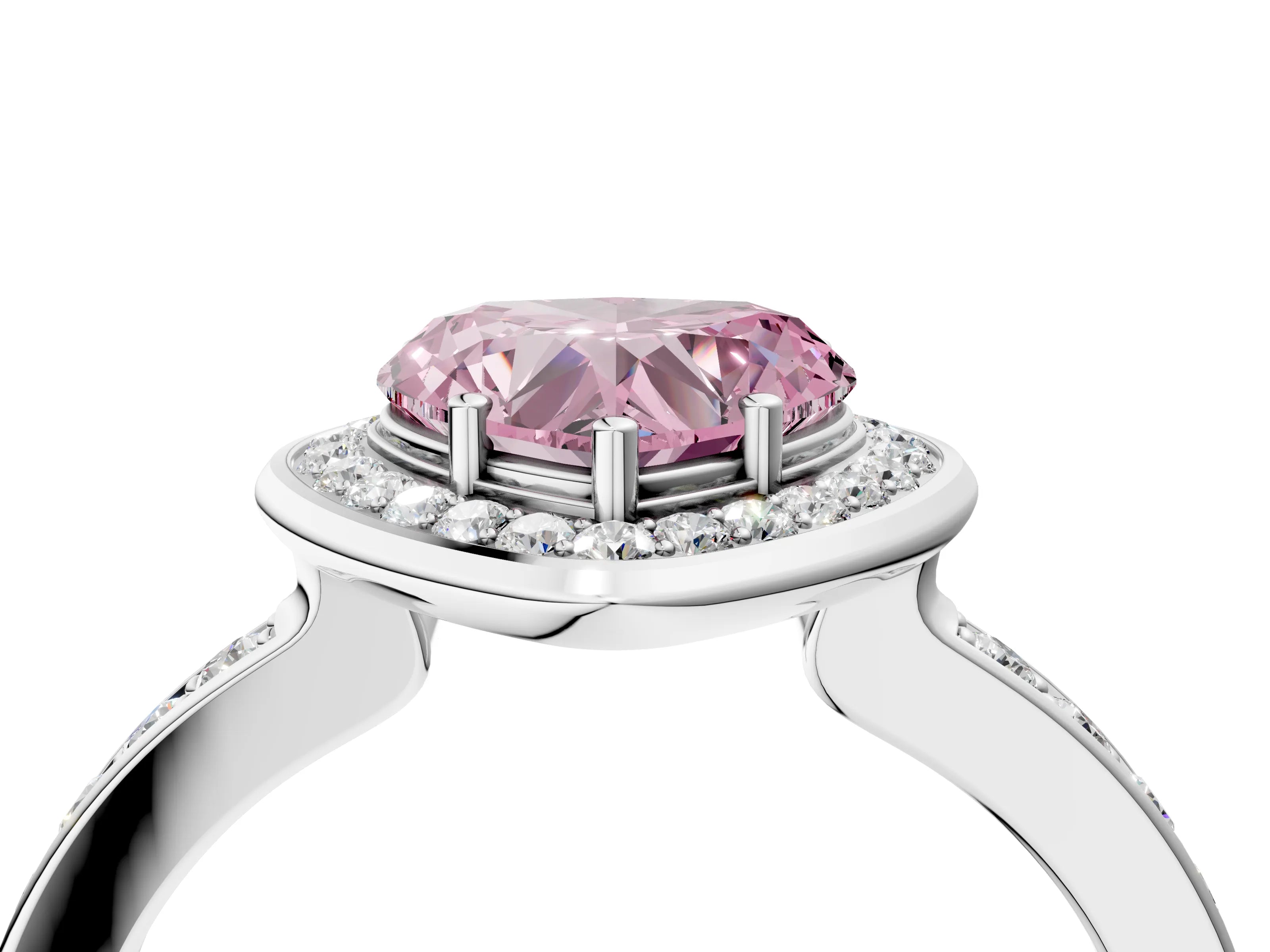 White gold Fancy Pink Heart Cut Diamond Halo Ring with Bezel Frame and Pavé Band_4