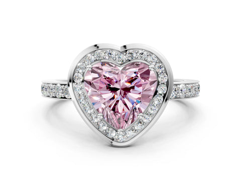 White gold Fancy Pink Heart Cut Diamond Halo Ring with Bezel Frame and Pavé Band
