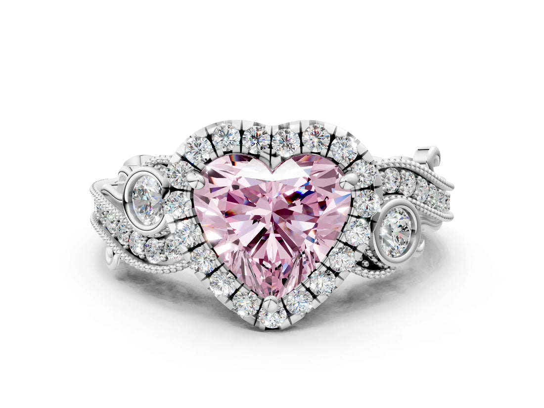 White gold Fancy Pink Heart Cut Diamond Halo Ring with Milgrain Pavé Band and Four-Prong Setting_78
