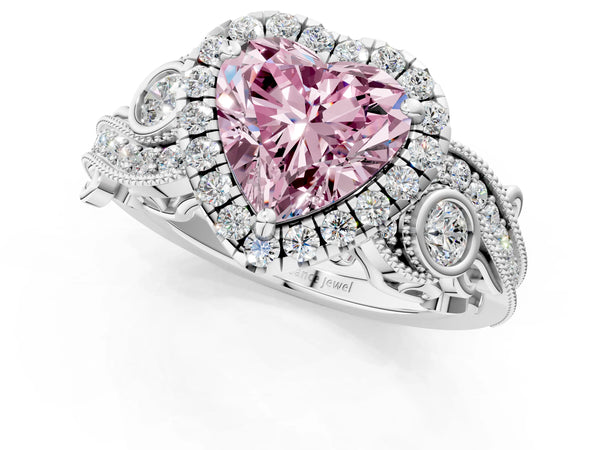 Platinum Fancy Pink Heart Cut Diamond Halo Ring with Milgrain Pavé Band and Four-Prong Setting