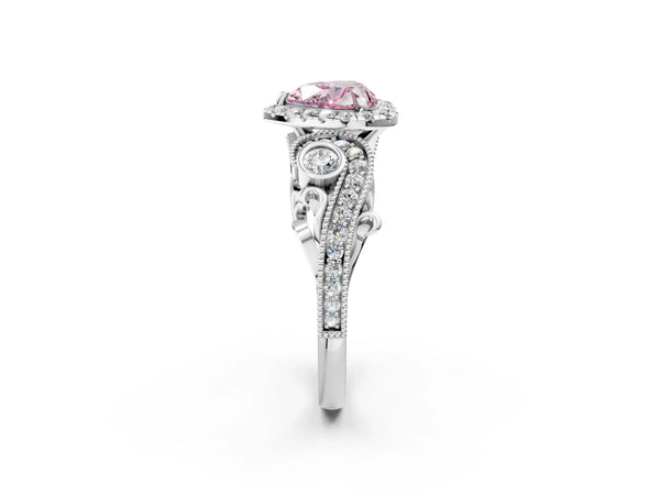Platinum Fancy Pink Heart Cut Diamond Halo Ring with Milgrain Pavé Band and Four-Prong Setting